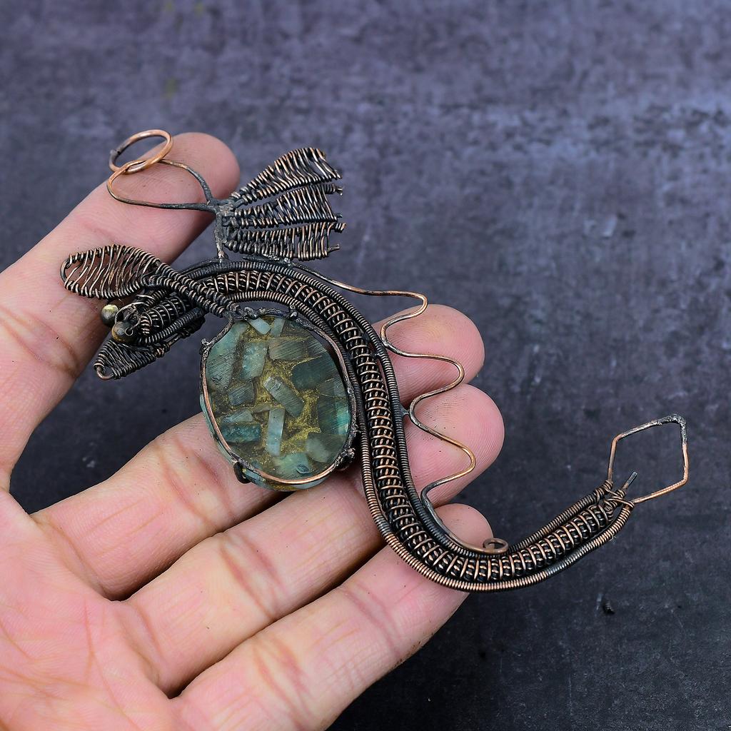Natural Copper Larimar Handmade Copper Wirewrap Dragon Gift Pendant 4.53" D8G39