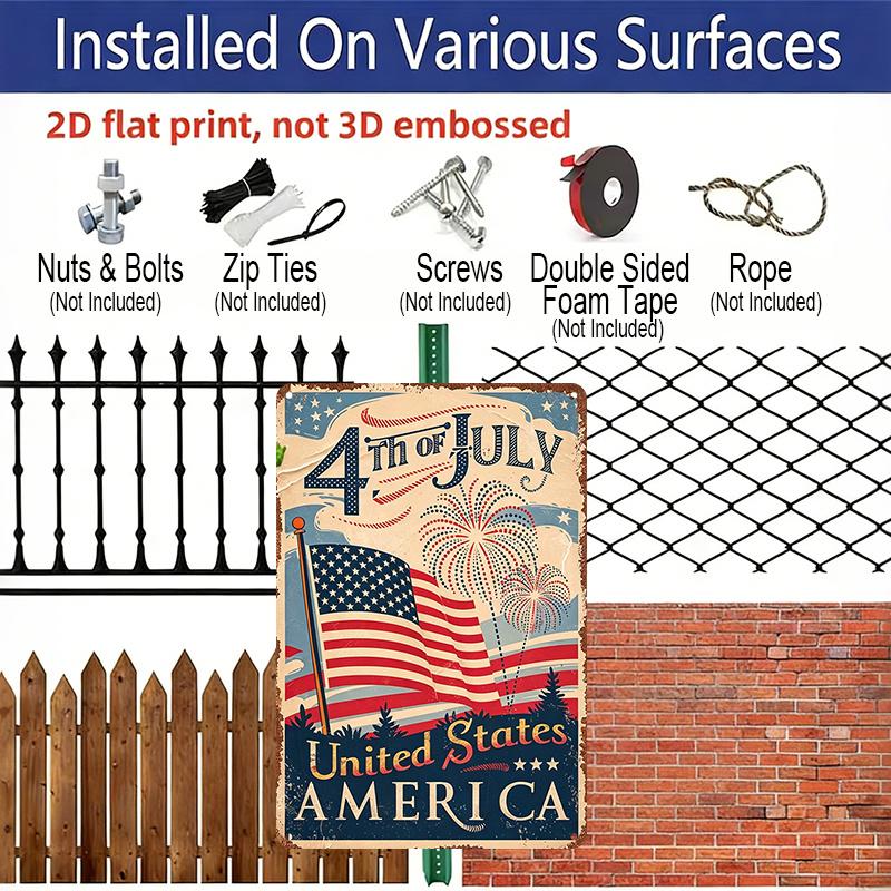 2D Flat Vintage 4th of July USA Flag Aluminum Sign Independence Day Decor 4th of July Party, Independence Day Decor, Patriotic Backyard, Summer