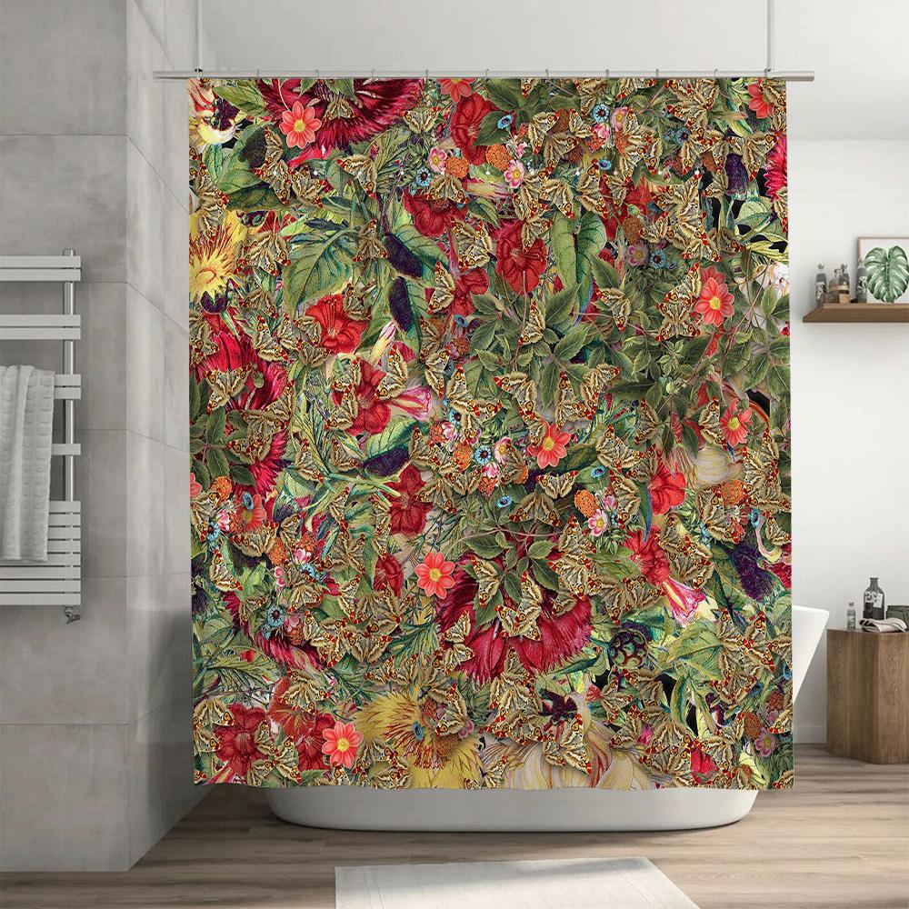 וילון מקלחת פרחוני יוקרתי עם פרפרים, עיצוב אמבטיה לבית, מטבח, בד עמיד במים בצבעים אדום, ירוק, ורוד, צהוב C