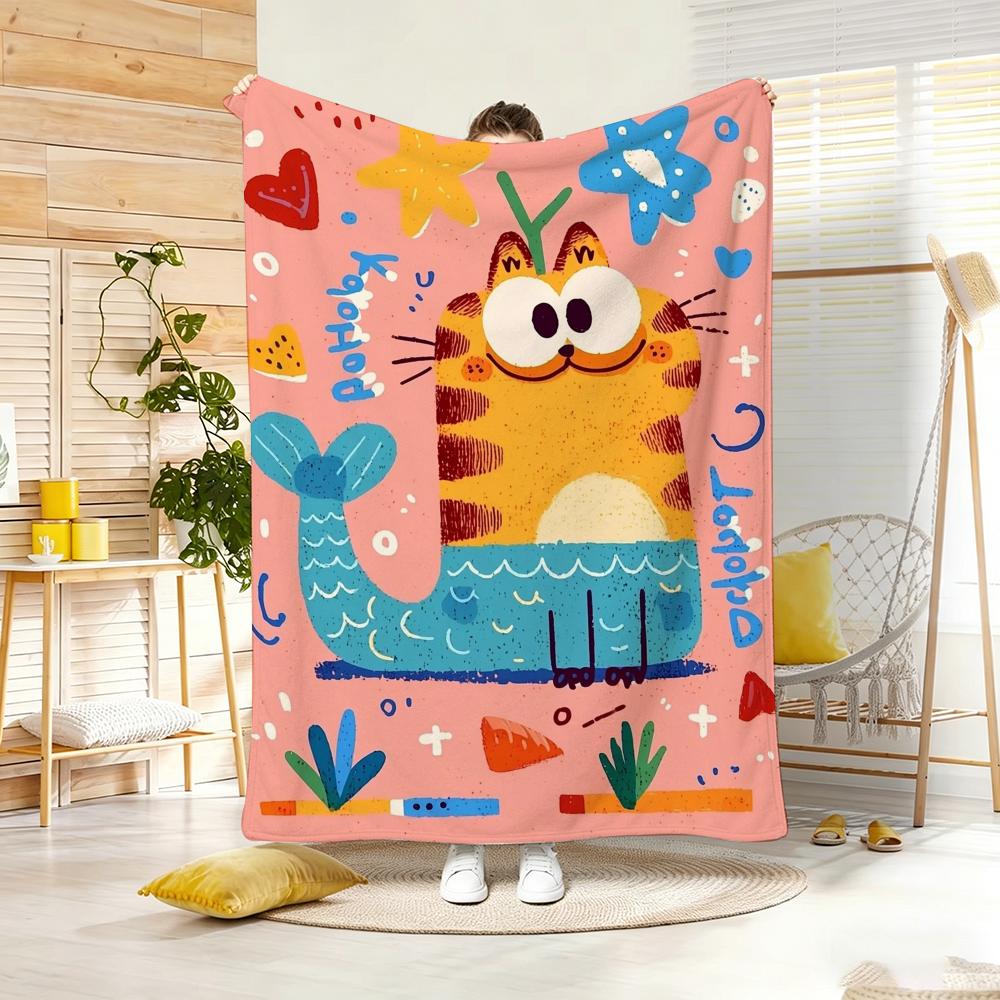 Painting Cute Cat And Fish Throw Lightweight g Flannel Blanket Soft Skinfriendly for Summer Cooling