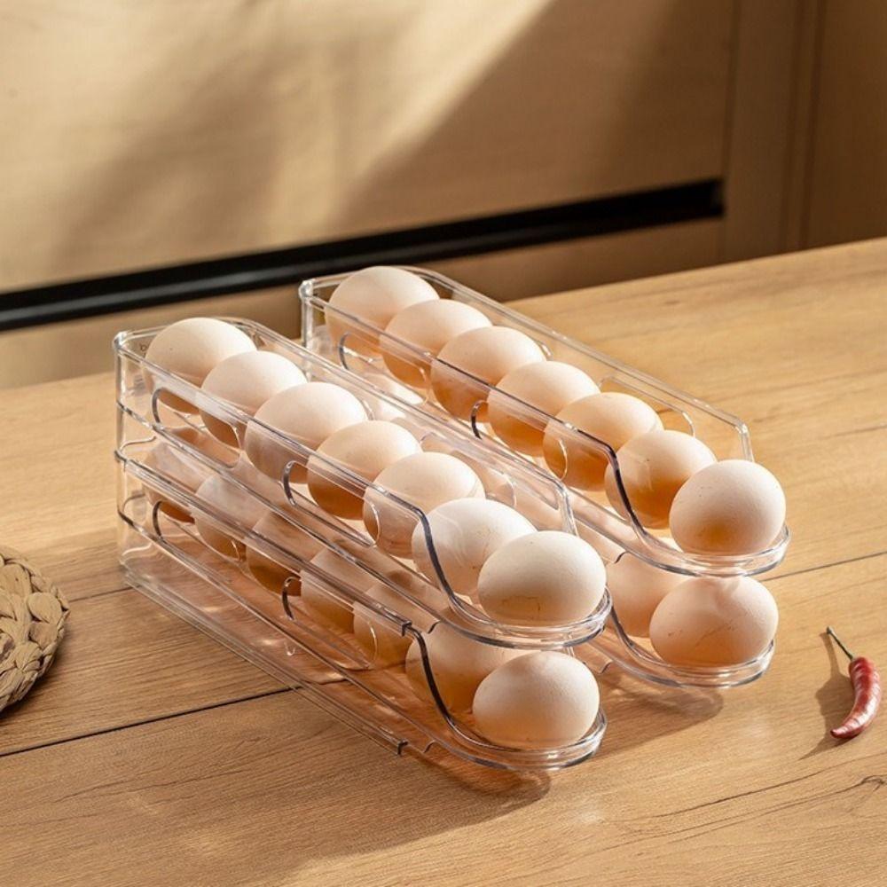 2PCS Clear Roll Off Egg Storage Rack Plastic Egg Storage Box Egg Storage Trays  for Kitchen