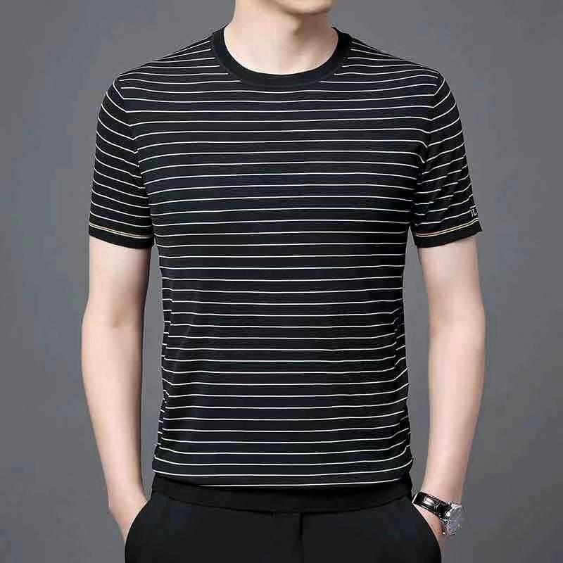 

Летняя трикотажная футболка, мужская мода, полосатая, с короткими рукавами, повседневная, тонкая, в корейском стиле, с круглым вырезом, для молодежи и людей среднего возраста 3XL