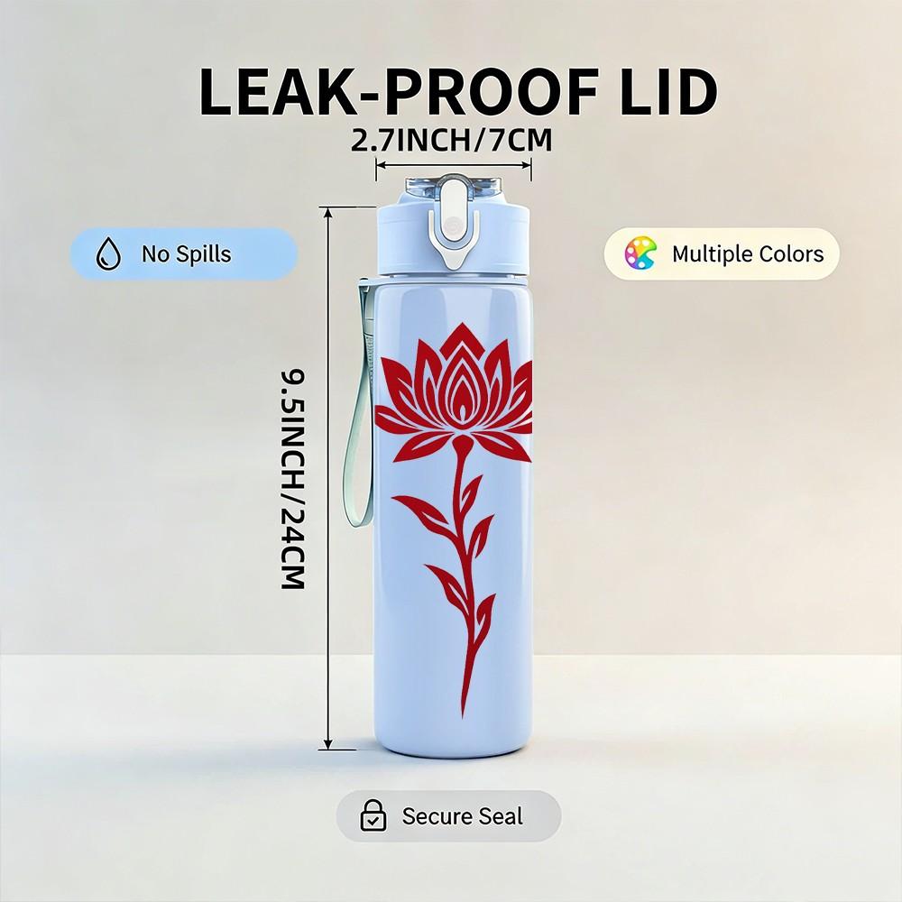 1PC Red Lotus Flower Art 750ml Color Plastic Sports Water Bottle Leakproof Flip Straw Lid Suitable for Sports Office Home Use