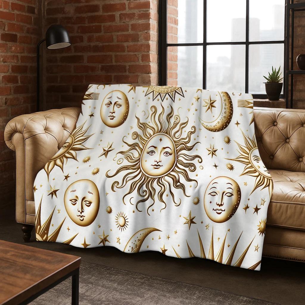 Gothic Sun Face Moon Face Witchcraft Tarot Flannel Blanket Soft Warm Blanket for Bedroom Room Living Room Travel Camping Picnic