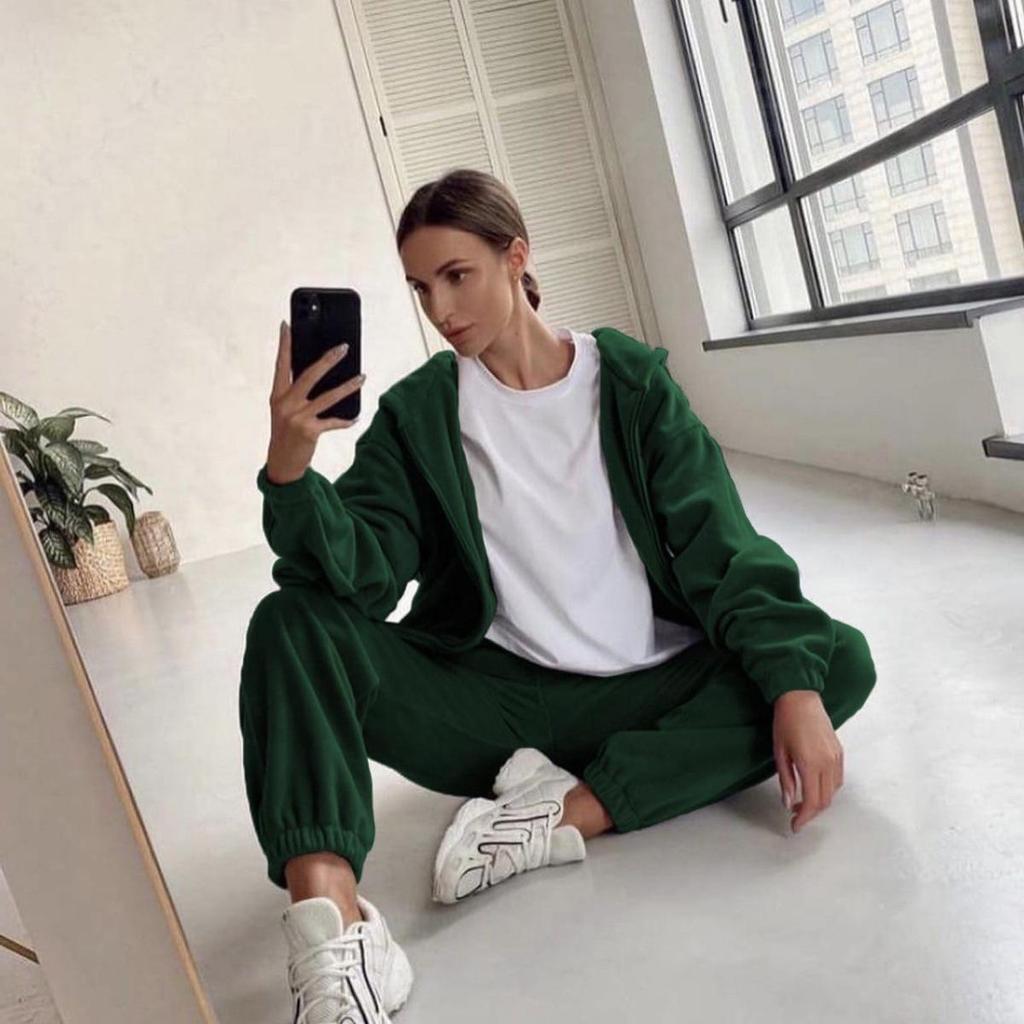Women Solid Color Long Sleeve Hooded V Neck Hoodies Suit Autumn Winter Loose Top Wide Leg Pants