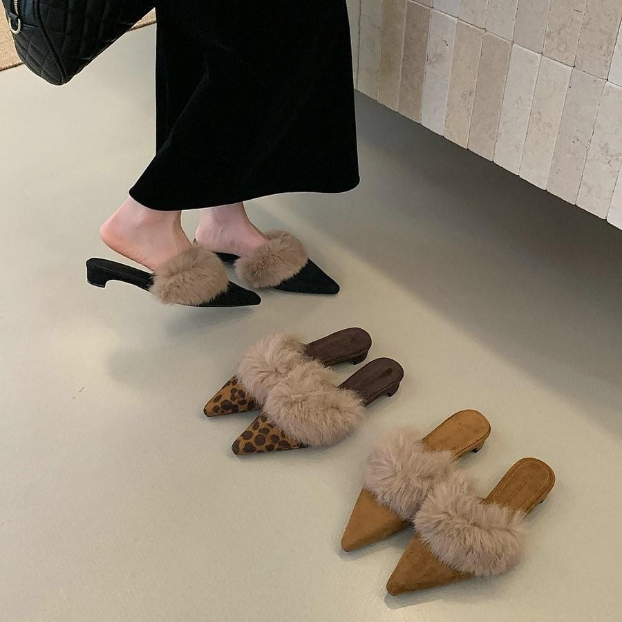 White Fluffy High Heels Pointed Slippers Women Wear Autumn and Winter Plush Fluffy Shoes Temperament Thin Heel Bag Head Sandals Men