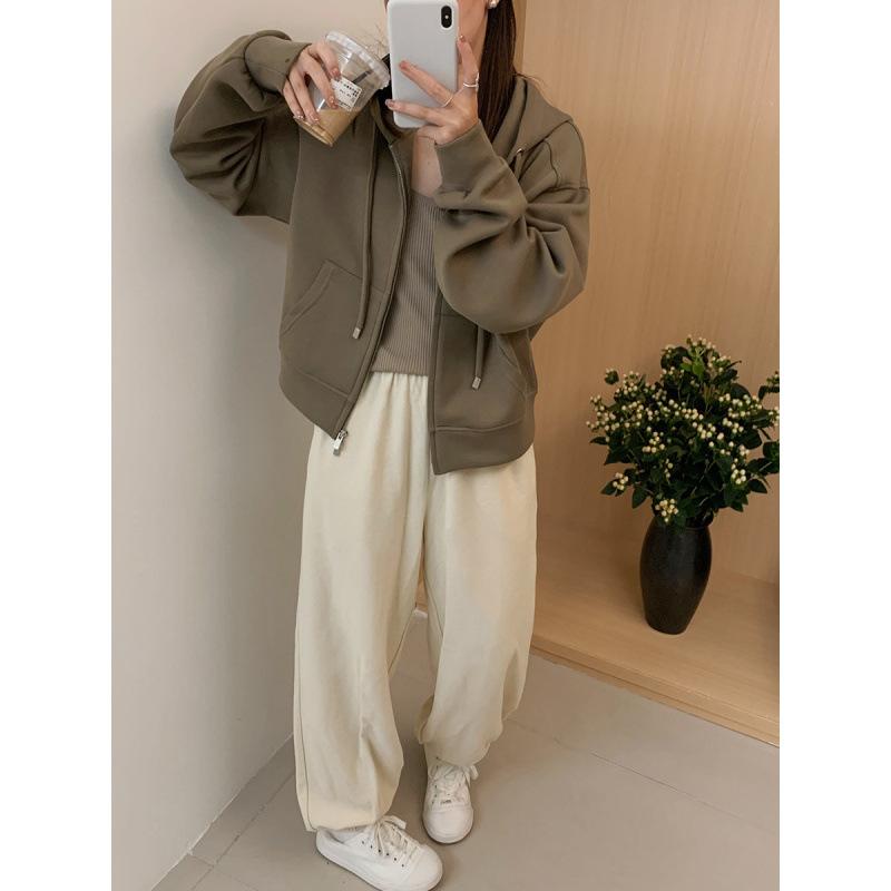 Lino Solid Color Hooded Sweater Women's Fall Minimalist Loose Pockets Short Cardigan Jacket Comfortable Versatile and Fashionable