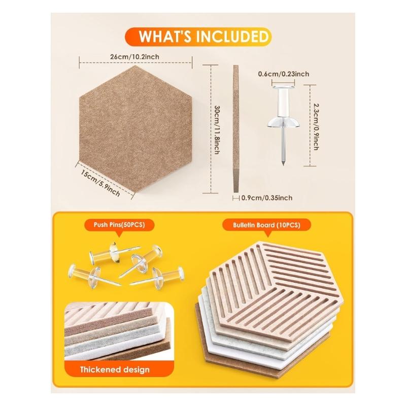 Sechseckige Korkplatten für Wanddekorationen 10er-Pack Kork-Pinwände Fliesen mit 35 Stiften, Pinnwand für Notizen Fotos DIY-Dekorationen