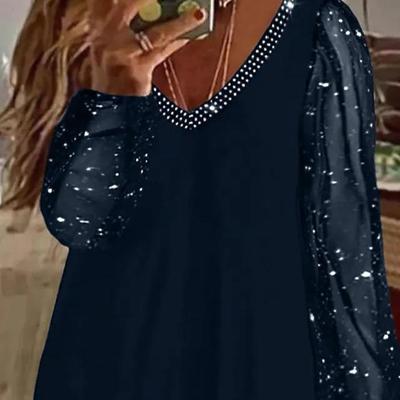 Plissiertes Langarm-Top für Damen mit V-Ausschnitt und Pailletten – perfekt für den Alltag oder den Urlaub
