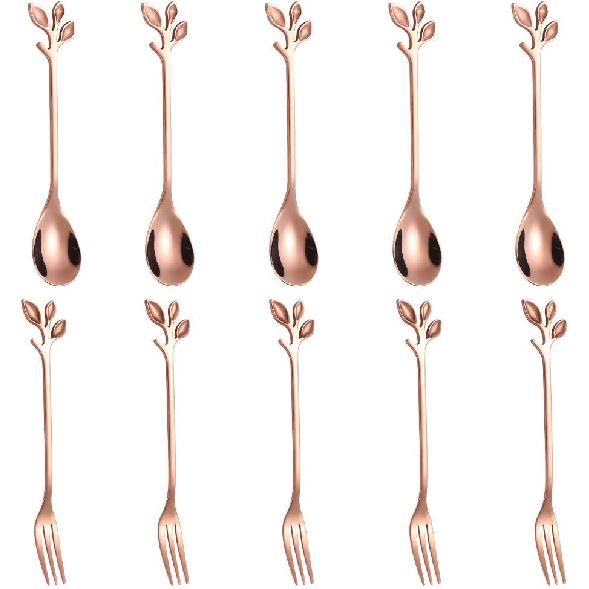 AnSaw 10-Pc Silver Mini Spoons & Forks Set, 4.7" - Stainless Steel, Leaf Handle, Ideal for Coffee,Tea, Appetizers, Tastings, Parties, Charcuterie &