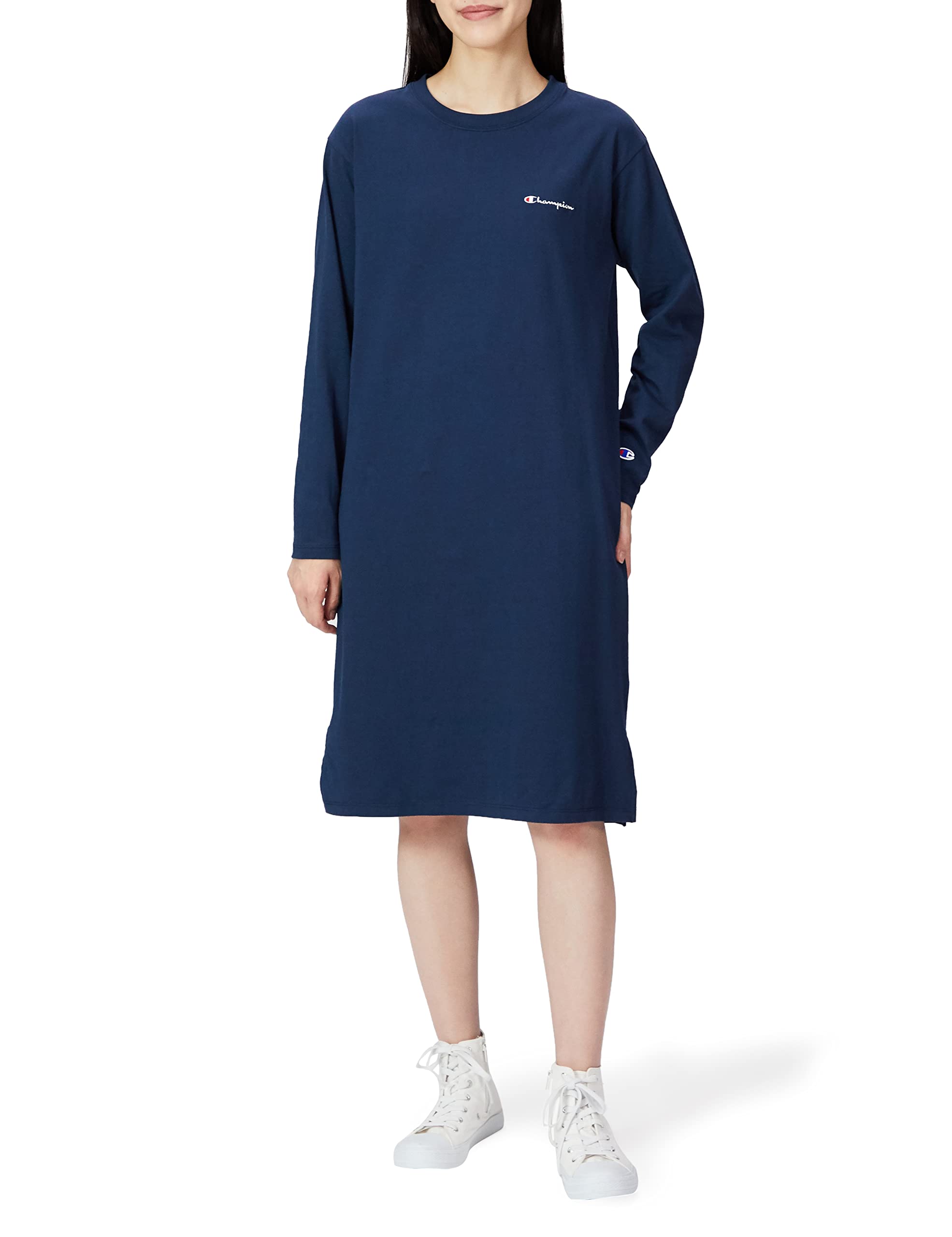 

One Piece Long Sleeve Round Neck Cotton Script Logo One Piece Dress Navy M [Champion] 100% CW-W401 Women s тёмно-синий