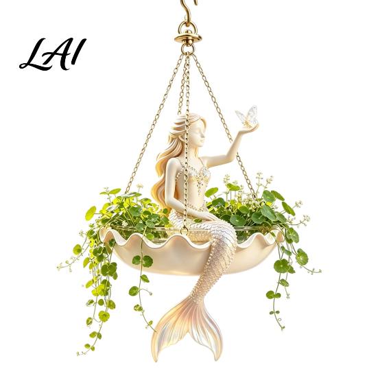 Garden Landscaping Accessories Fairy Ballet Dancer Mermaid Hanging Planter Resin Decorative Flower Pot with Metal Chain Hand Carved Planter Outdoor
