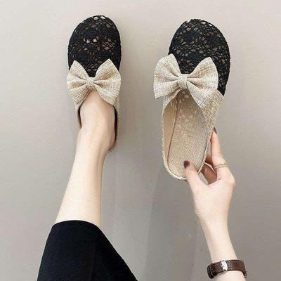 Bow Slippers Women's 2025 New Temperament Flat Bottom Breathable Hollow Bag Head Half Slippers Wearing Lace Slippers