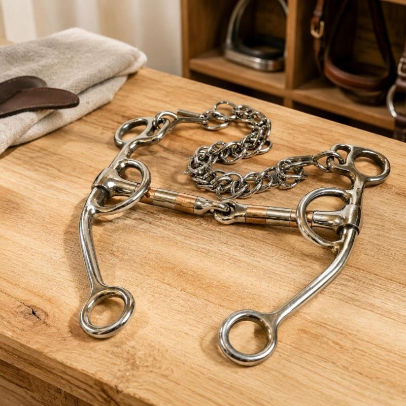 Horse Training Bit with Long Side Arms and Multiple Connection Rings, Three-Piece Jointed Center, Moving Metal Sections, Stainless Steel, and Curb
