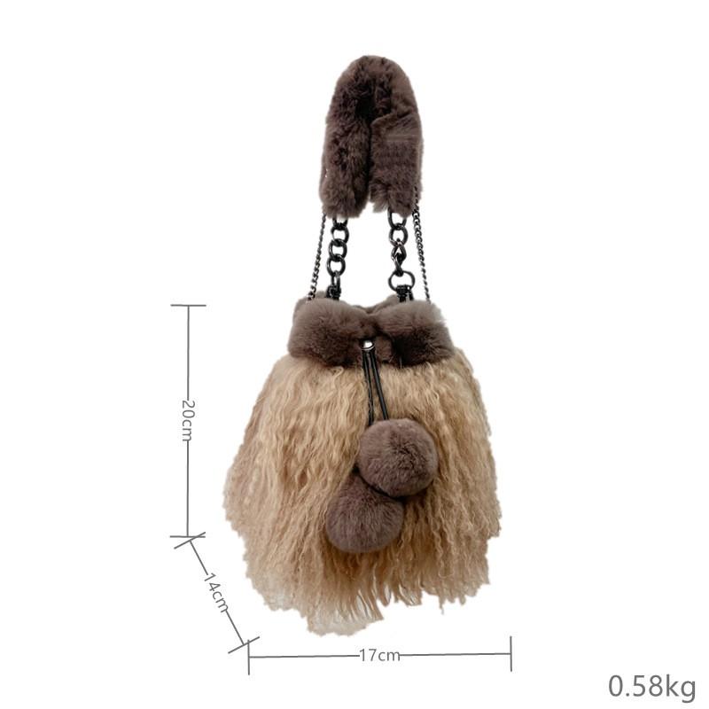 Womens Plush Bucket Bag Faux Fur Patchwork Chain Crossbody Drawstring With Pom Medium Size