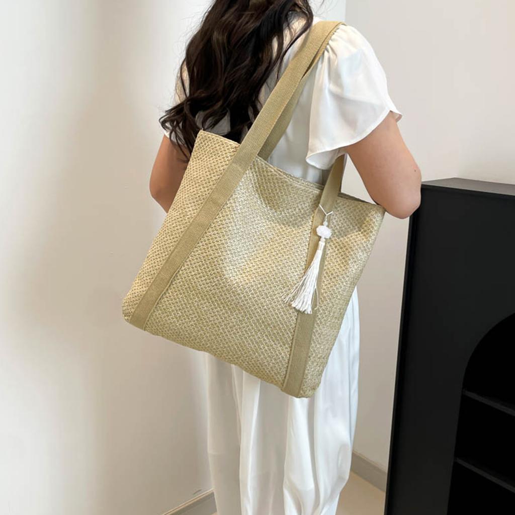 Women'S Woven Straw Beach Solid Color Tote Bag Lightweight Open Top With Tassel Charm For Vacation And Seaside Shoulder Bag