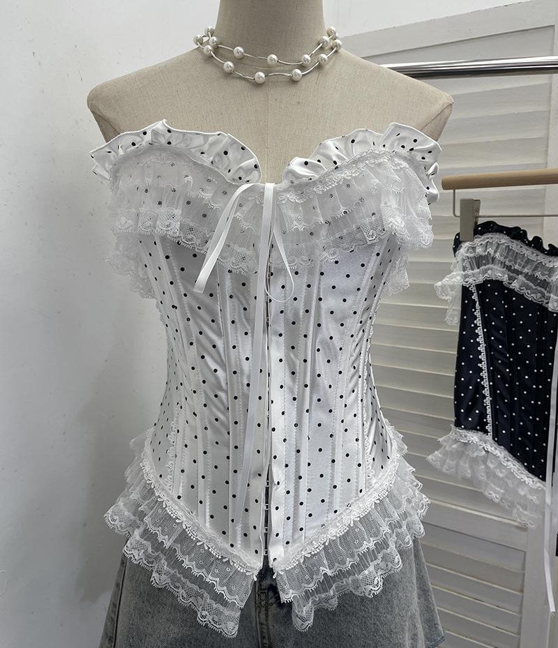 Retro Polka Dot Strapless Lace Trim Crop Top 