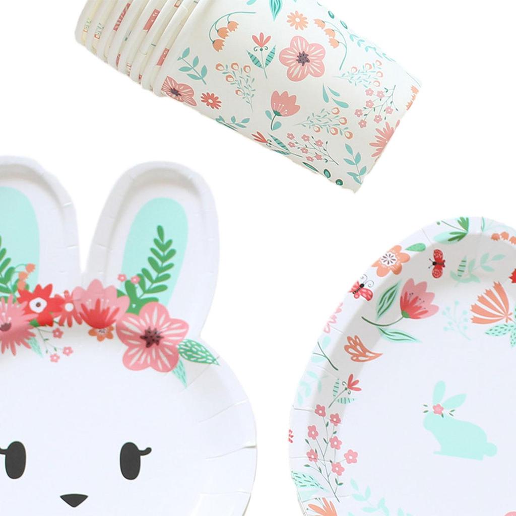 24Pcs Easter Rabbit Eggs Tableware Set Easter Bunny Eggs Plates and Cups for Picnics Apartment Dorm Festivals Family Reunions