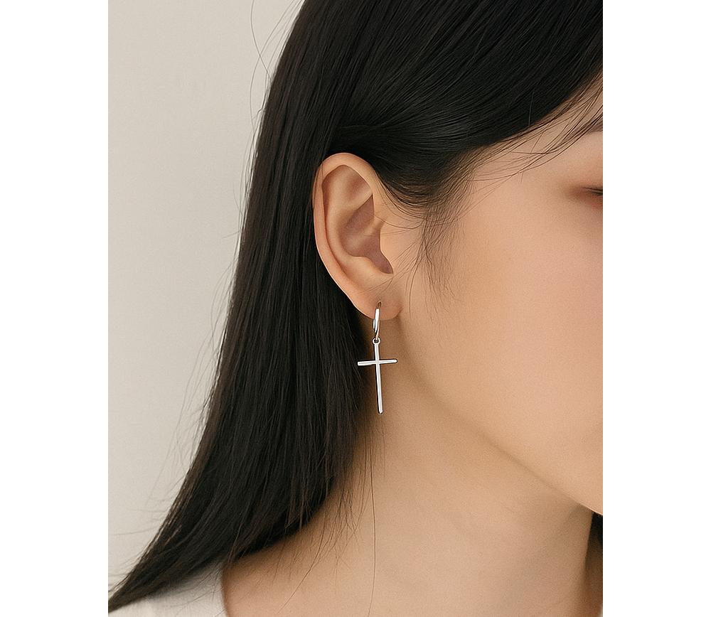 (Pair)S925 Silver Cross Drop Segment Ring Earrings Set P0763