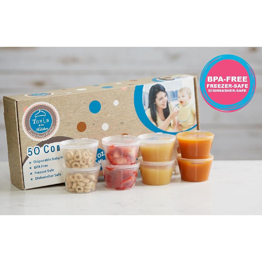 50 Pack BPA-Free Disposable Baby Food Freezer Storage Containers Hinged Lids (3 Oz) Labels | Leak-Proof | Travel Snack Cups | Store Homemade, Organic