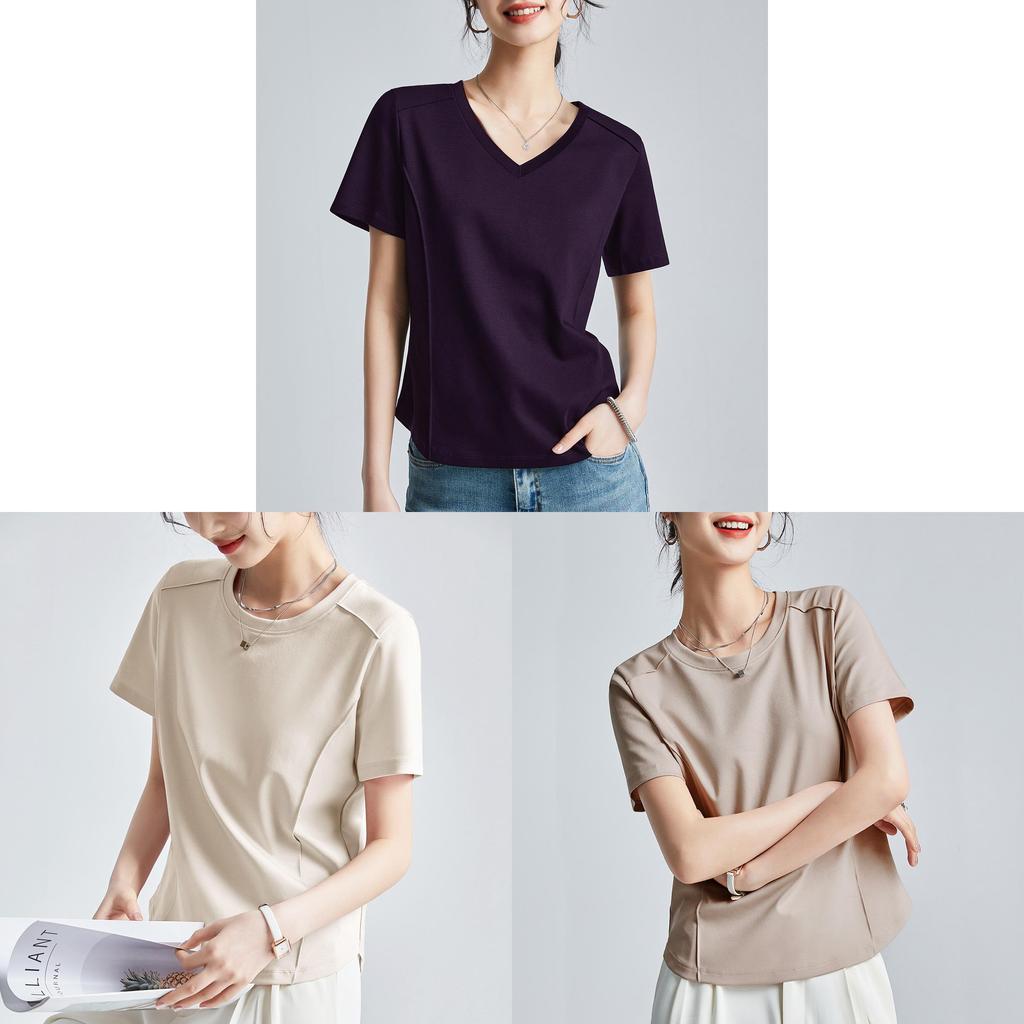 Camiseta de Manga Corta de Algodón y Seda para Mujer con Diseño de Empalme para Estilo Urbano Casual