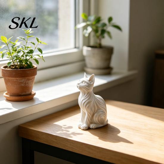 Cat Figurine for Display 3D Printed Statue with Wavy Fur, Modern Sitting Cute Desk Accessory Bookshelf Decor, Minimalist Art Sculpture Home