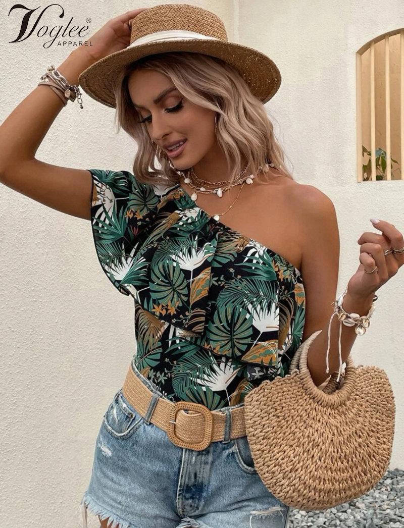 

Тропический принт Одно плечо Оборка Отделка Блузки