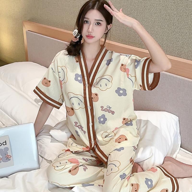 Summer short-sleeved bubble cotton yarn pleated pajamas female Internet celebrities popular trousers loungewear set