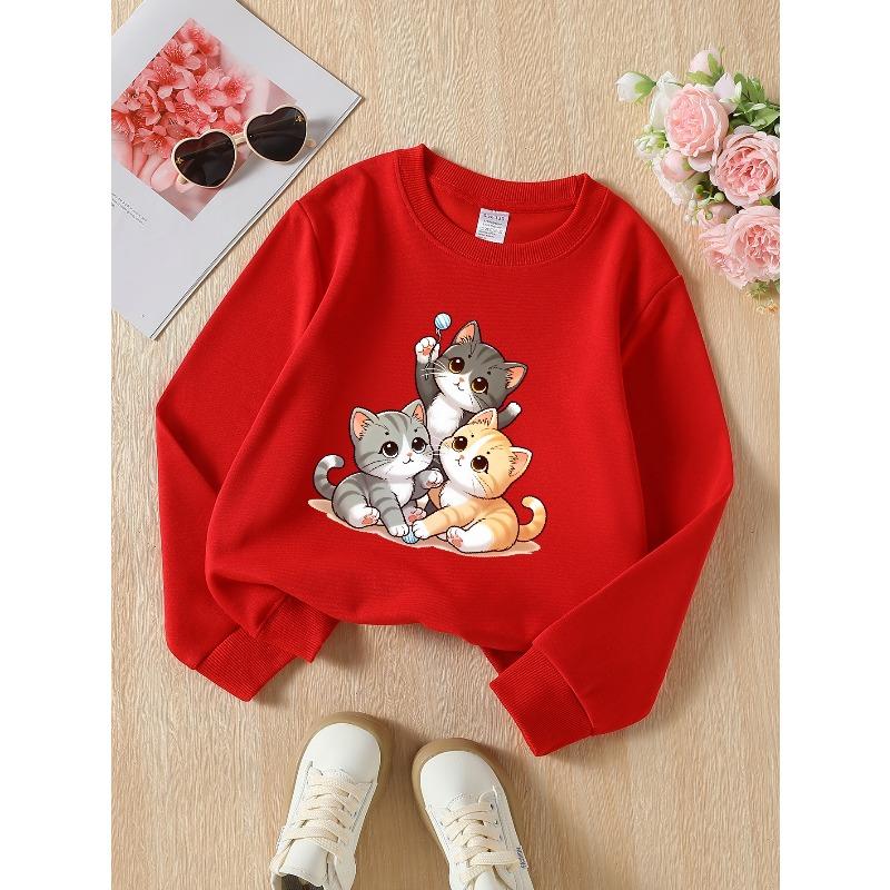 Kids Long‑Sleeve Crewneck Sweatshirt, Cute Kittens Playing Yarn Ball Print,Daily Casual Top for Spring & Autumn
