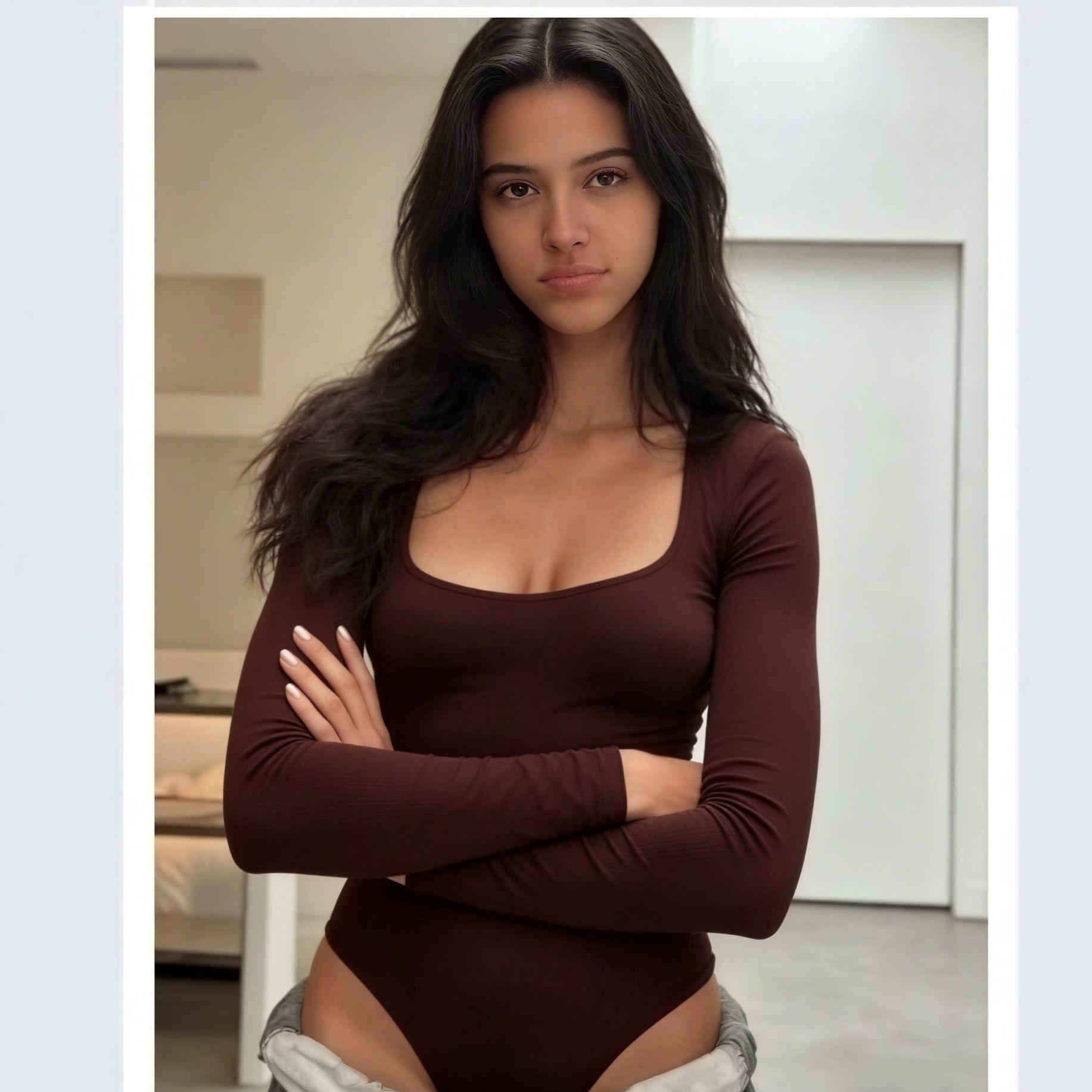 

European & American Slim U-Neck Solid Color Elastic Jumpsuit Bodysuit for Women Large коричневий