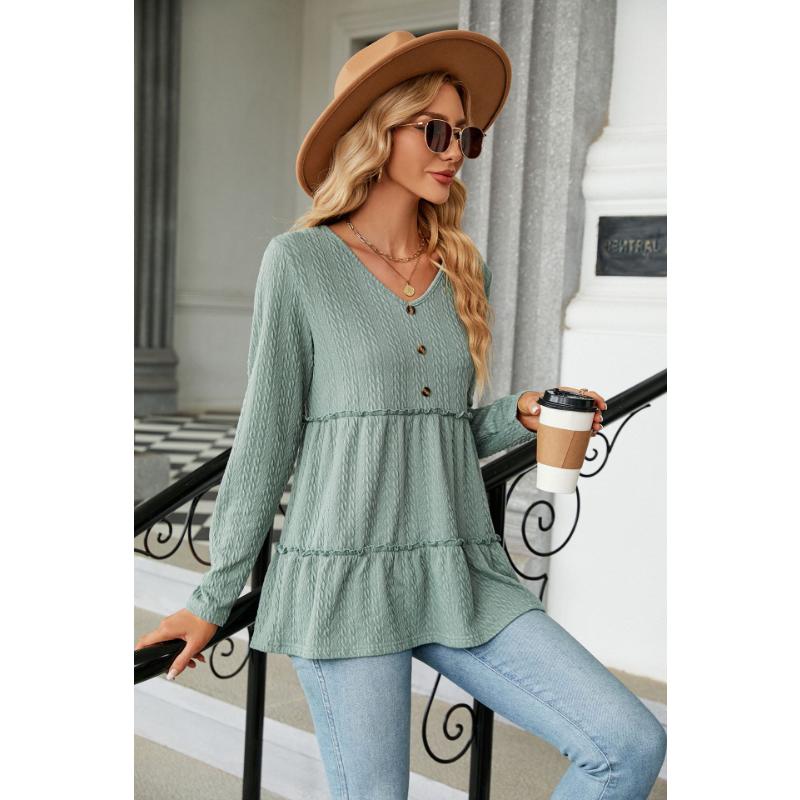 Jarní a podzimní dámská halenka s výstřihem do V Jednobarevný knoflík Patchwork Dlouhý rukáv Volný Top