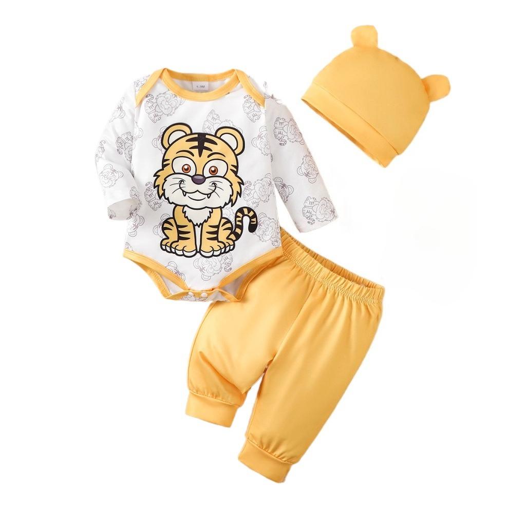 0-9 Months Long Sleeved Baby Clothes Suit Tiger Cartoon Printed Top+Yellow Pants+Cute Hat 3PCS Newborn Baby Boy Jumpsuit Costume 0-1M жёлтый
