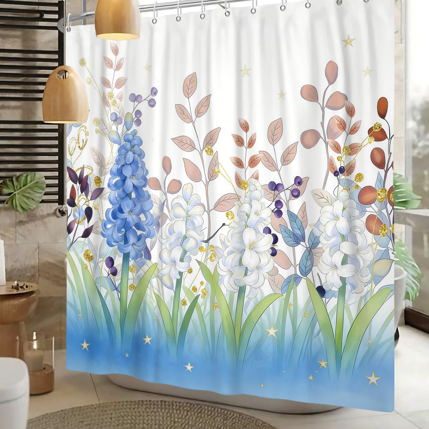 

Plant Leaves Flower Shower Curtain Waterproof Bathroom Decor Natural Style Floral Theme Splash Resistant Partition Bath Curtains W90 x H180cm