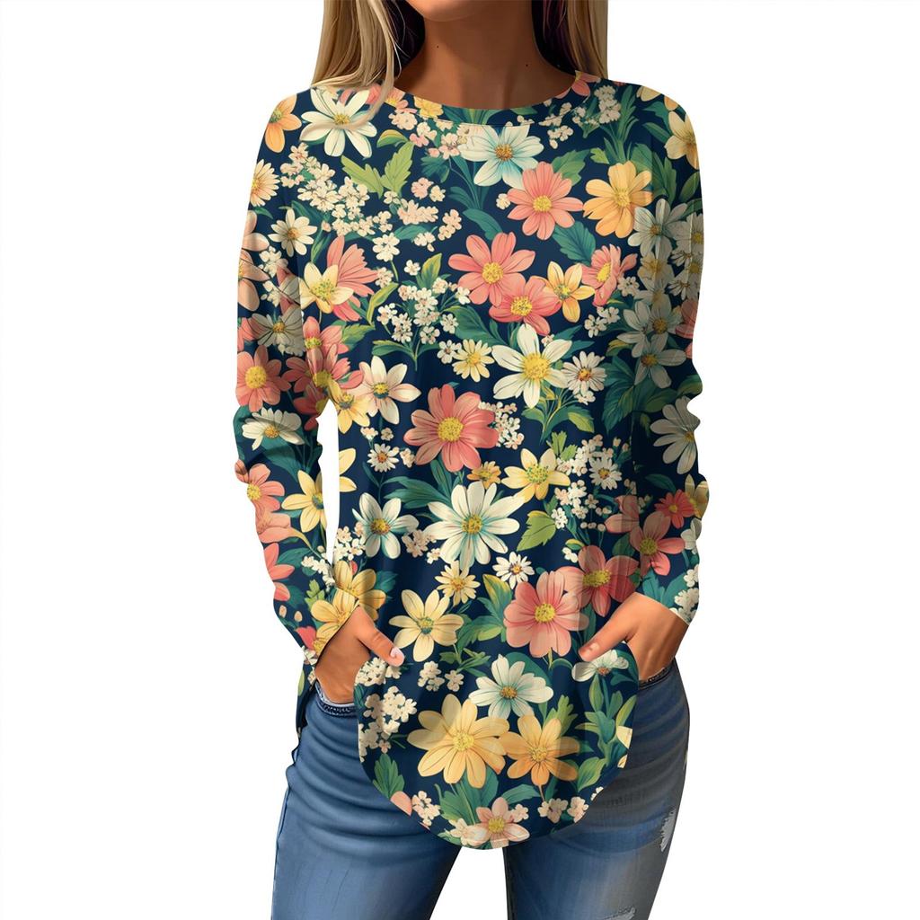 Women's Loose Casual Printed Round Neck Long Sleeved T Shirt Top Pullover Long Sleeved Sweatshirt