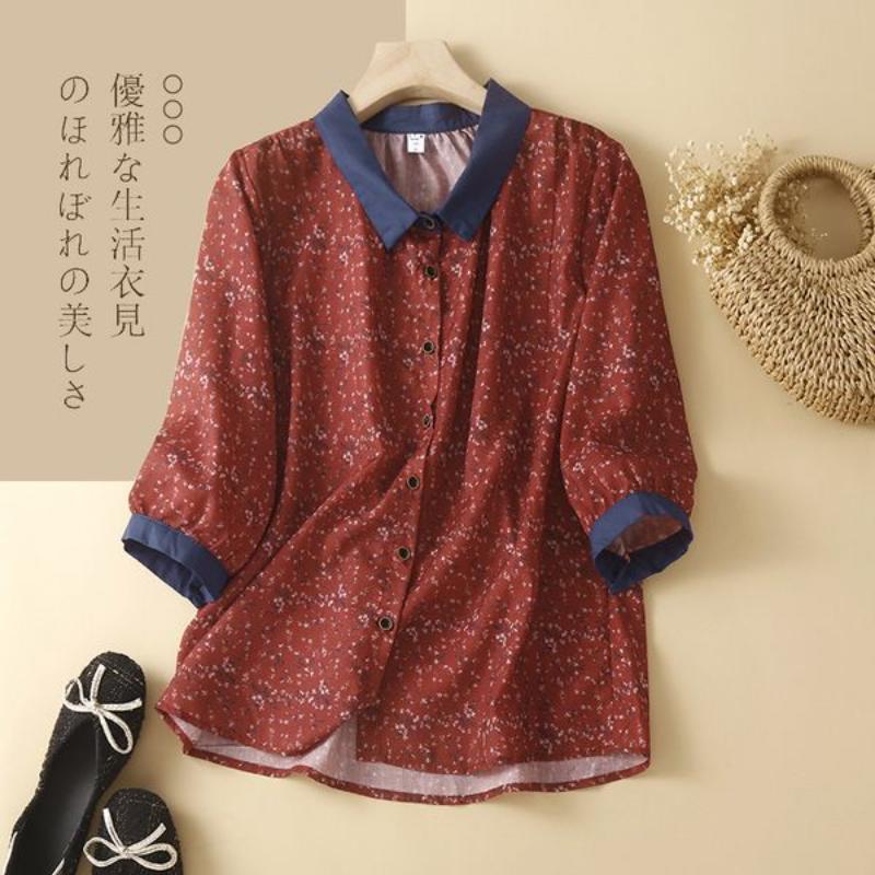 Women's Gray Floral Print Blouse Contrast Collar Half-Sleeve Casual Chiffon Top