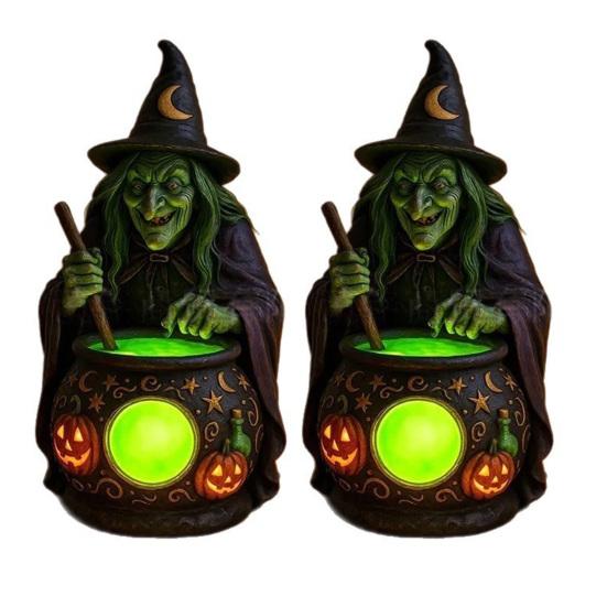 Artesanías de Resina Hechas a Mano Lámpara Caldero de Bruja de Halloween, Adorno de Estatua, Accesorios de Habitación Artísticos Decorativos Espeluznantes Luz para Escritorio Mesa