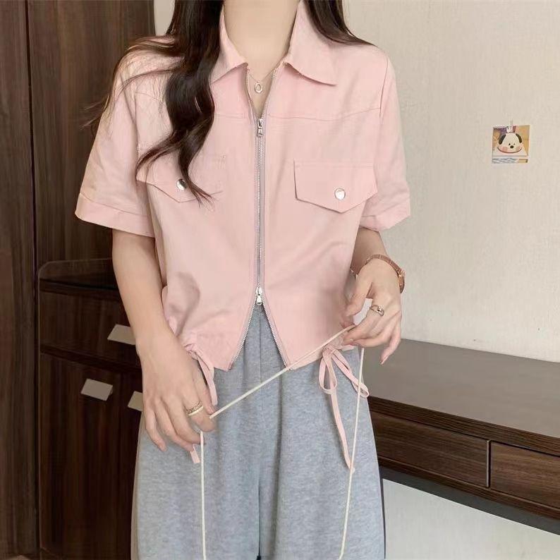 

Короткие женские рубашки на молнии в рабочем стиле с завязками на резинке и короткими рукавами, летние новые женские тонкие пальто one size розовый
