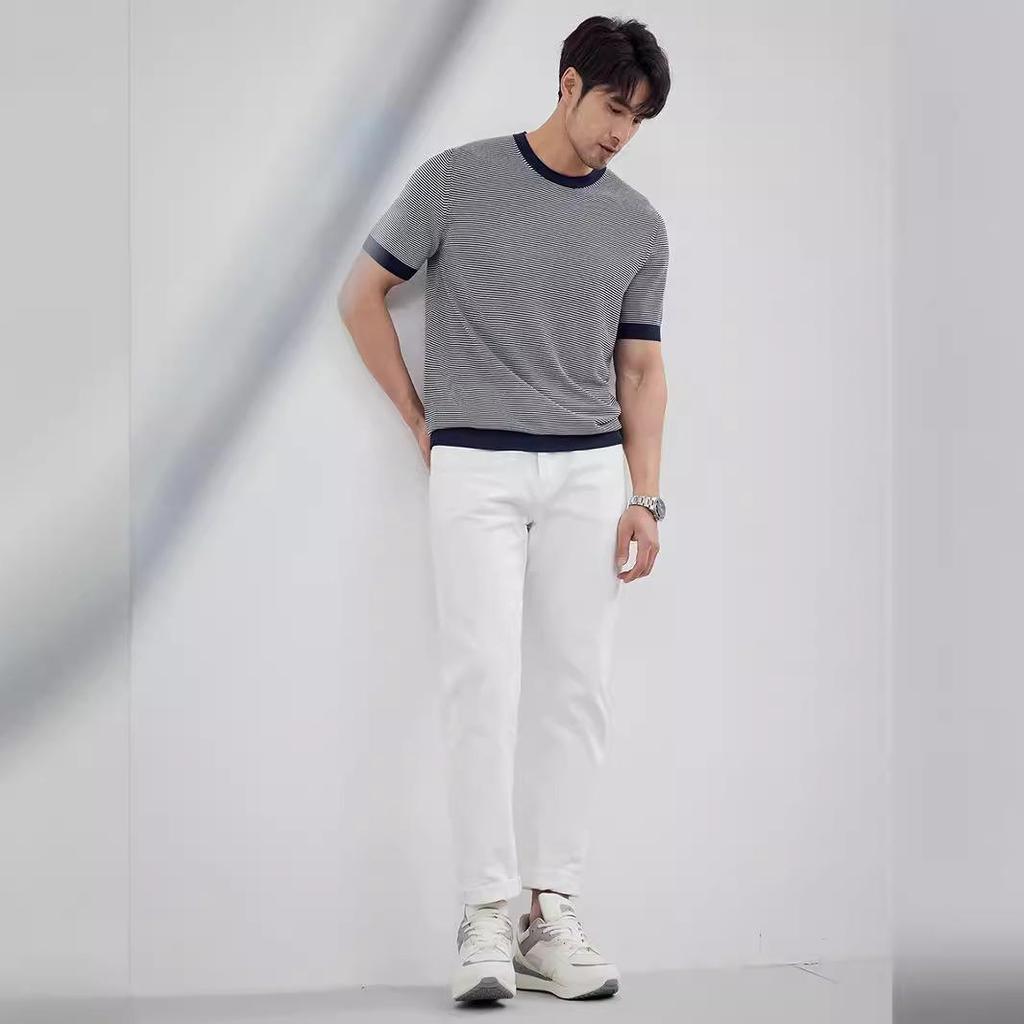 2024 Men's Striped Polo: Short-Sleeve, Versatile Round Neck Knit Shirt