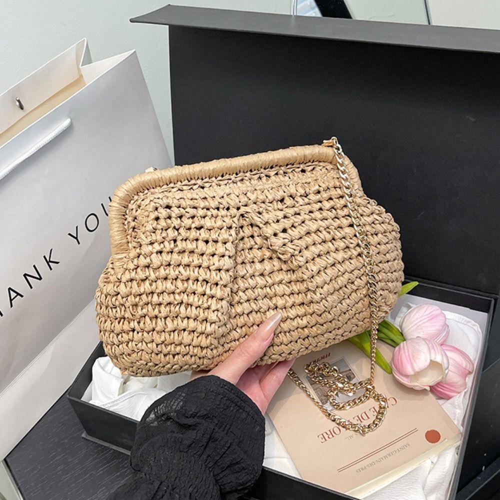 Chain Strap Shell-shaped Weave Bag Bohemian Chain Crossbody Bag Simple Beach Bag  Students