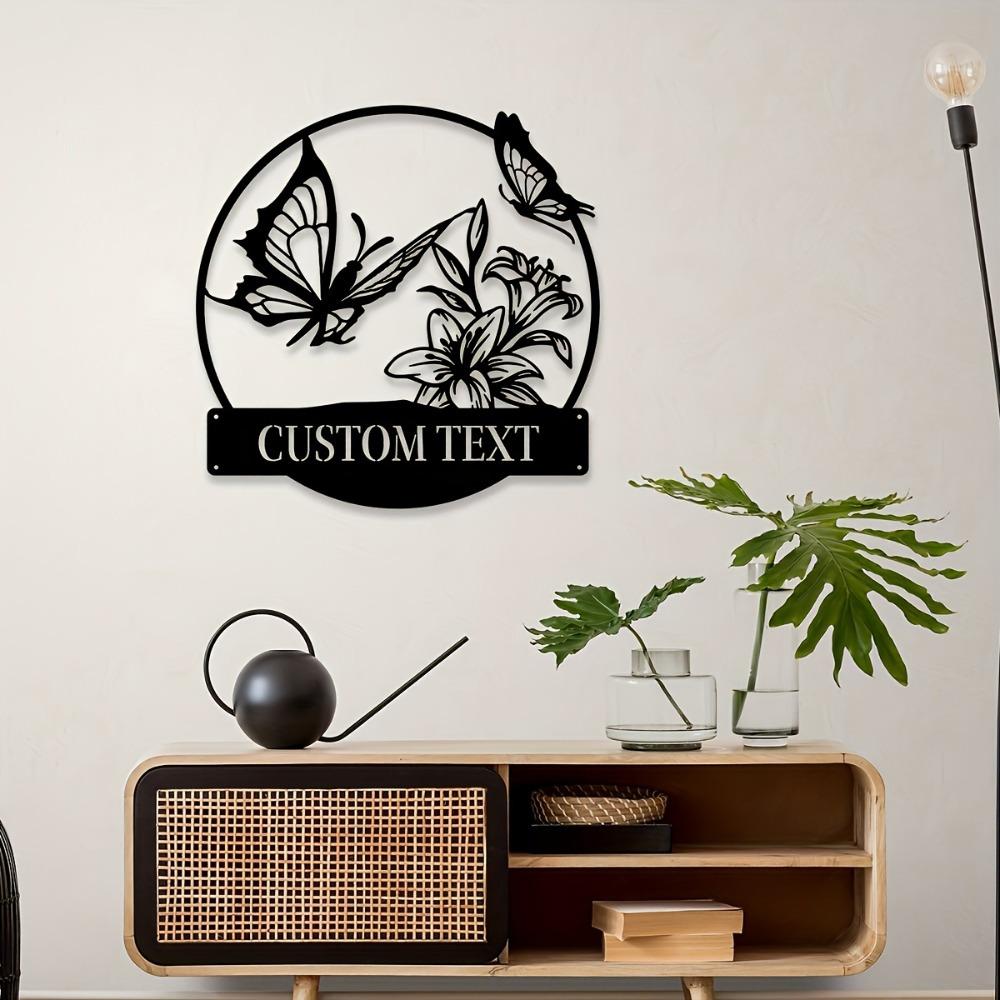 Metal Wall Art Butterfly Lily Design Custom Name Family Sign Contemporary Home Decor Wall Mounted