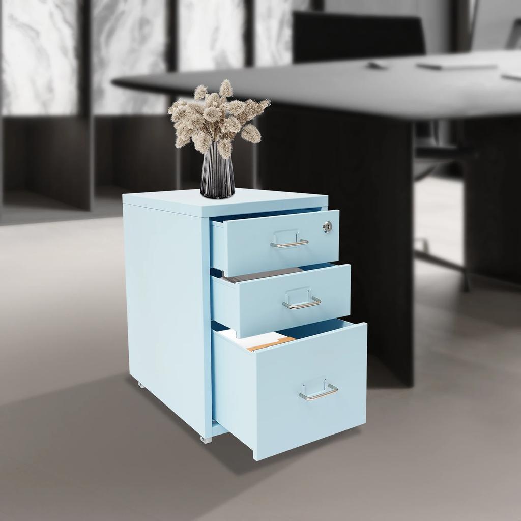 3-Drawer Metal File Cabinet with Lock & Wheels, Blue - Modern Office Storage, Secure Filing Cabinet, Compact Size 28x41x48cm