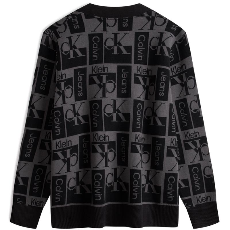 Calvin Klein Letter Jacquard Button V-Neck Knit Sweater Men Sweater Space-Black J324798BEH