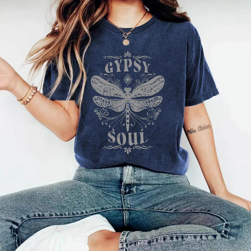 Women's New Cute Printed Short Sleeve Dragonfly Printed Round Neck Loose Short Sleeve