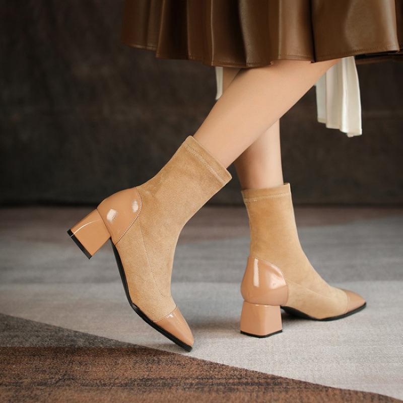 Autumn and winter Korean version suede women's Martin boots rubber sole medium boots women's medium heel large size leather boots square heel wo