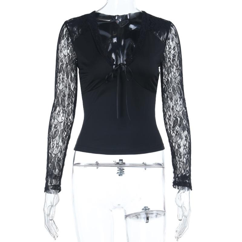 Women European Style Lace Patchwork V Neck Long Sleeve Slim Fit Short Top