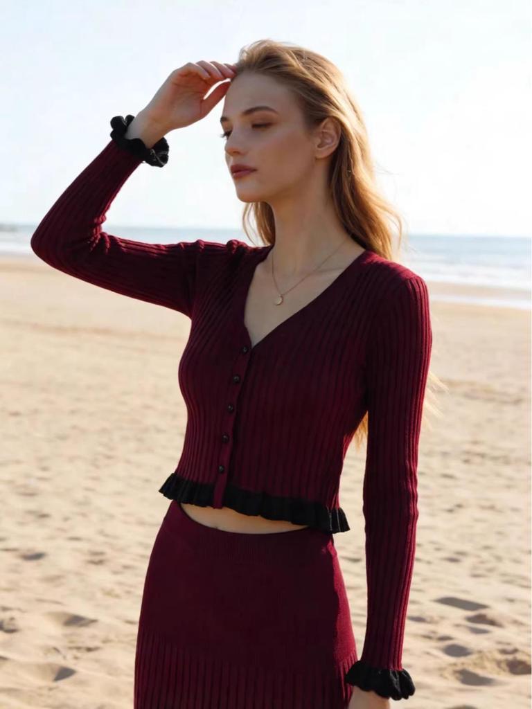 European Chic Autumn/Winter Women's Knit Cardigan & Skirt Set with Elegant French Ruffles