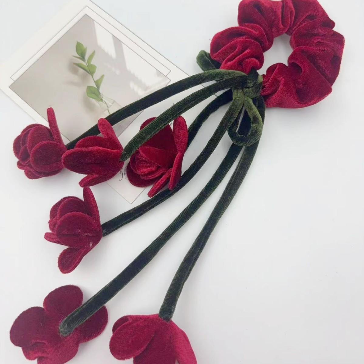 Red Velvet Lily Flower Tassel Scrunchie - Hair Tie Accessory