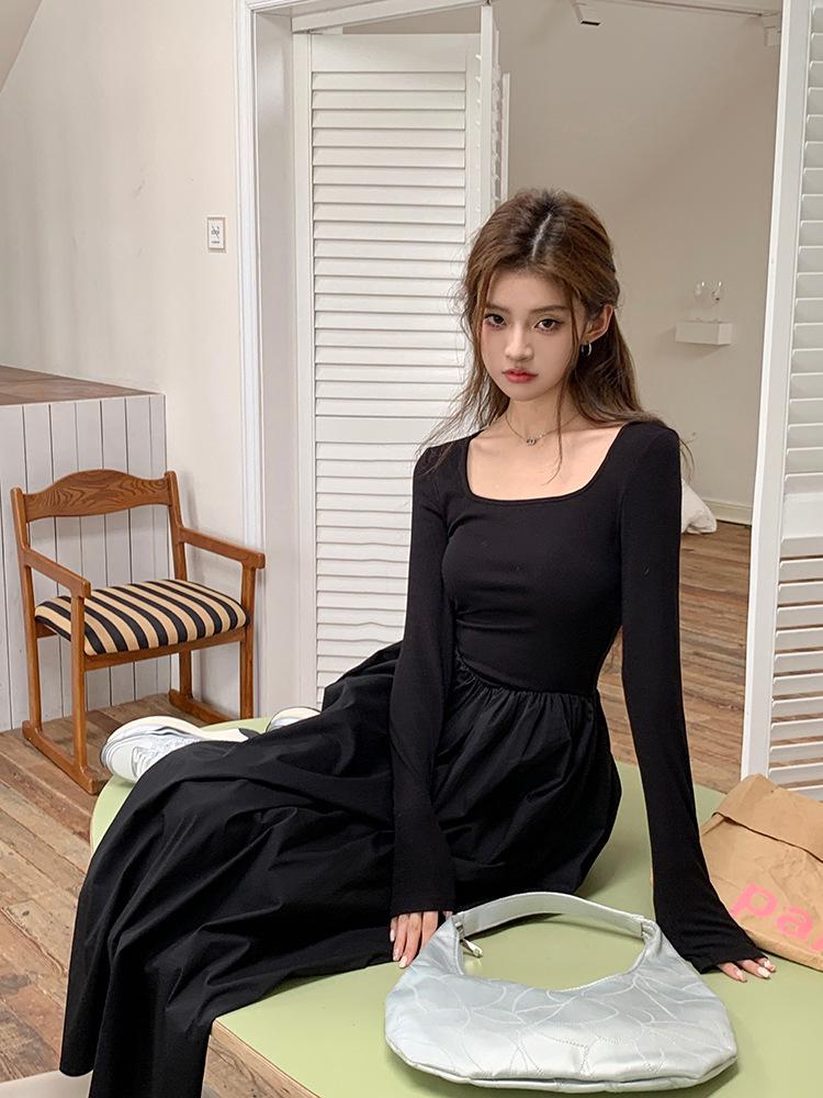 Spring 2026 Women's Square Neck Long Sleeve Slimming Knit Dress