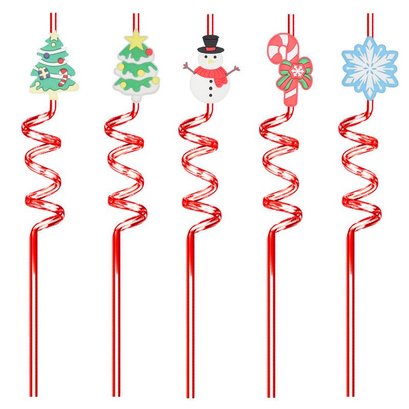 2Pcs Reusable Plastic Straw Cartoon Christmas Drinking Straws Santa Claus Christmas Tree Straw Holiday New Year Party Decoration