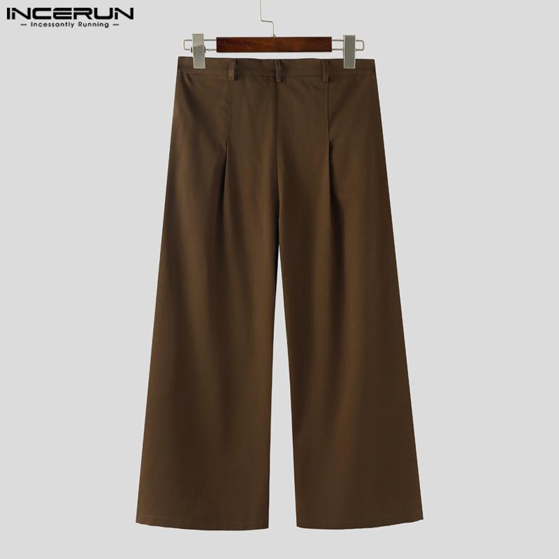 INCERUN Men Zip-up Waist Pockets Casual Loose Long Wide Legs Pants Trousers